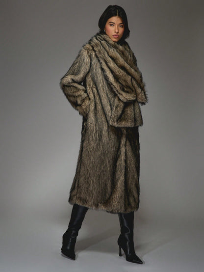 Manteau Long en Fausse Fourrure | Col Écharpe Élégant et Design Raffiné