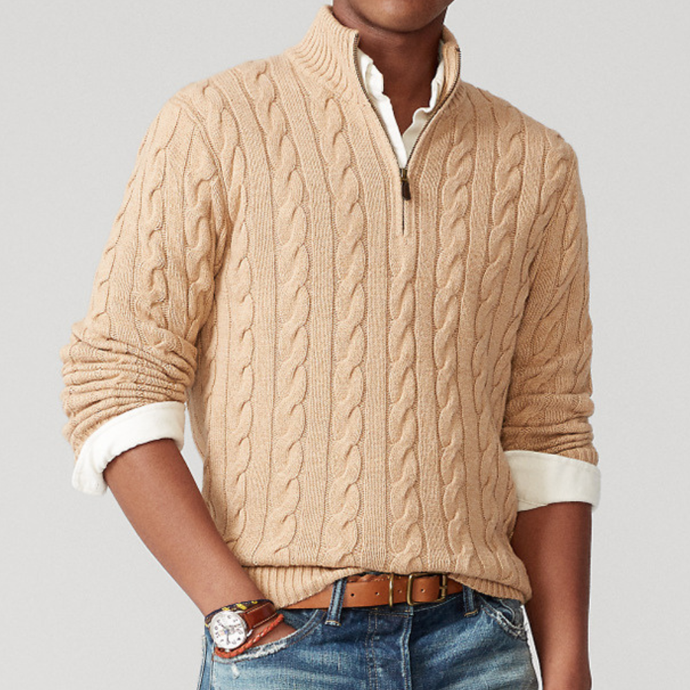 Pull Homme en Maille Torsadée | Col Demi-Zip et Style Intemporel